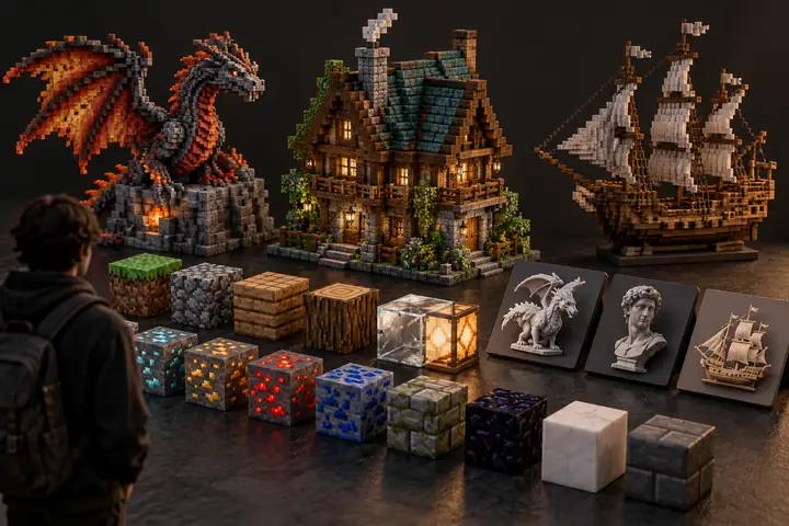 A small arrangement of distinct Minecraft building materials and model-file tiles on a charcoal background.