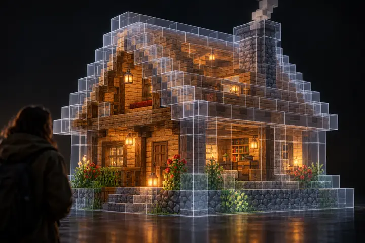 A translucent Minecraft-block outline of a small cottage, revealing wooden walls within, against a dark backdrop.