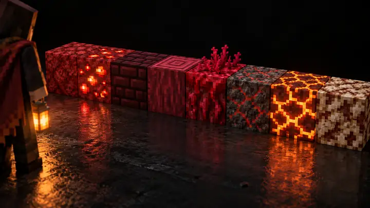 A tidy row of richly textured red and earthy Minecraft blocks on a nearly black background.