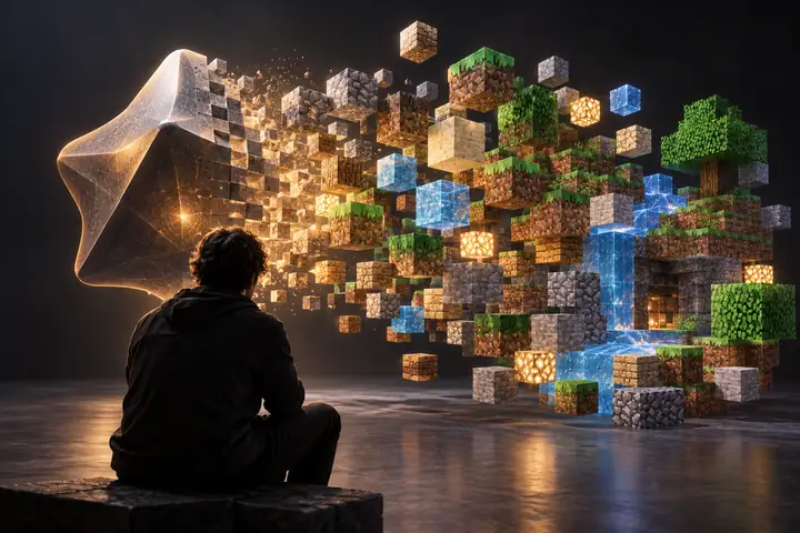 A 3D shape transforming into a cluster of colorful Minecraft blocks across a charcoal studio backdrop.