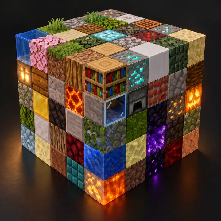 A neat cube made from varied, vividly colored Minecraft blocks, isolated against charcoal.