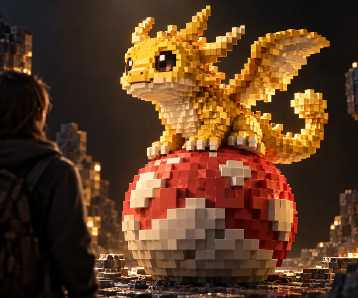 A whimsical golden voxel creature perched on a red and white block sphere against a dark studio backdrop.