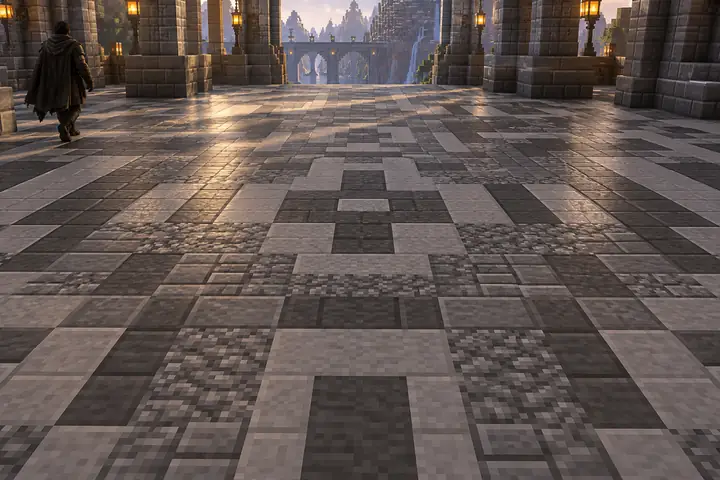 A close view of a carefully patterned floor assembled from gray Minecraft stone blocks.