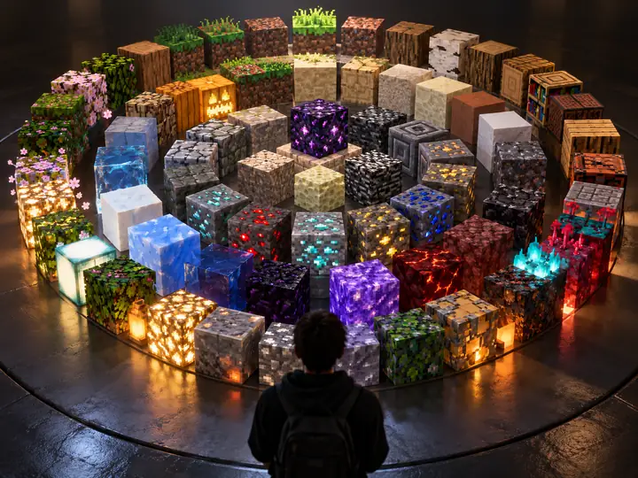A circular arrangement of colorful, highly detailed Minecraft block textures on a dark studio background.