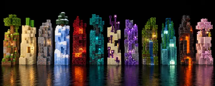 A horizontal lineup of small Minecraft block towers in many colors and textures against black.